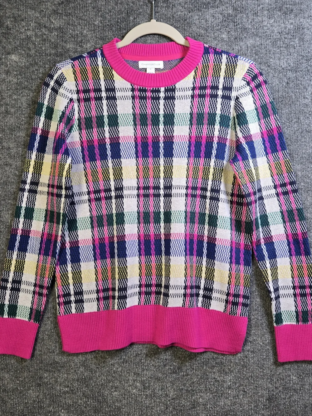 Charter Club Sweater Womens S Pink Black Plaid Whimsy Crew Neck Preppy New